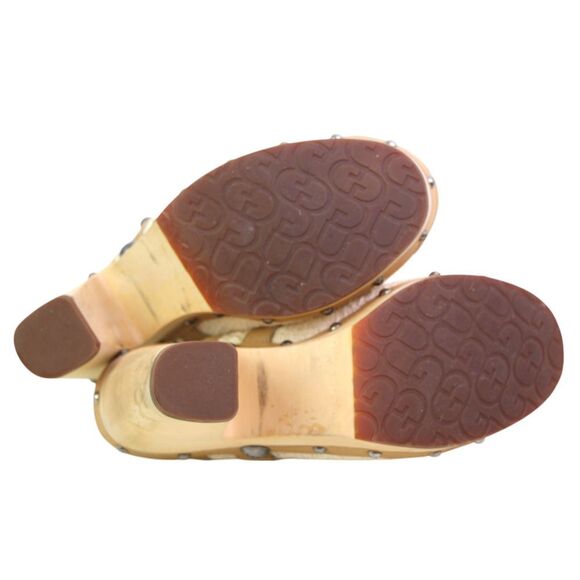 UGG BEIGE TEXTILE LEATHER ROUND TOE HIGH HEEL SANDALS SABO MULES SHOES Sz 8/39 - Picture 5 of 7